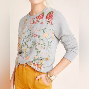 Anthropologie Light Gray Crewneck Sweater with Multicolor Floral Embroidery